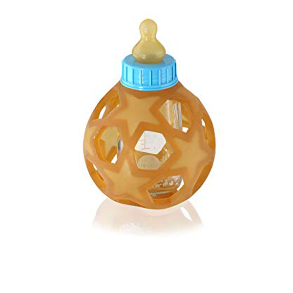 Hevea Baby Glass Bottle with Natural Rubber Cover - Blue Cap