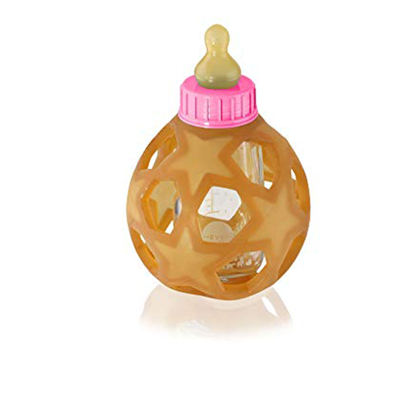 Hevea Baby Glass Bottle with Natural Rubber Cover - Pink Cap