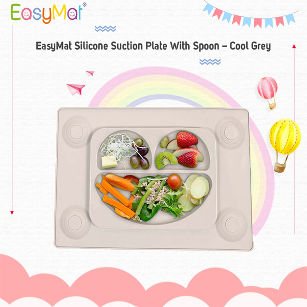 EasyMat Silicone Suction Plate With Spoon - Cool Grey