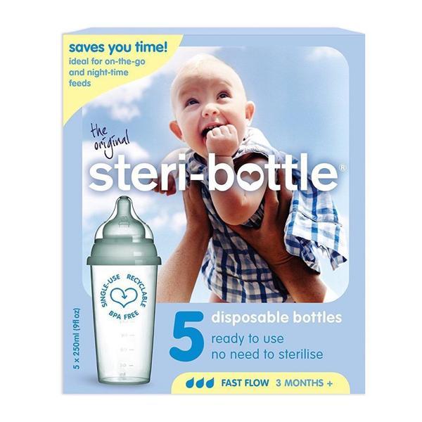 Steri Bottle Disposable Baby Bottle Fast Flow Nipple 5 x 250ml